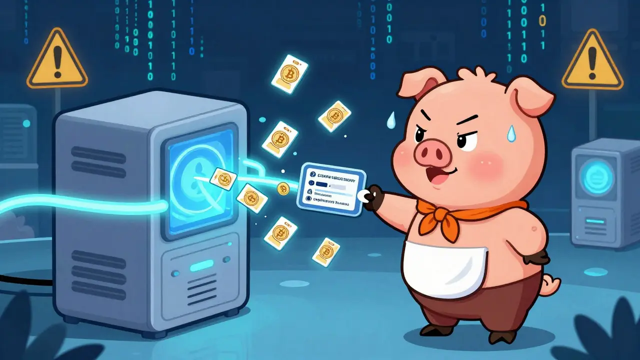 Nervous cartoon server attaching ID tags to crypto packets for verification.