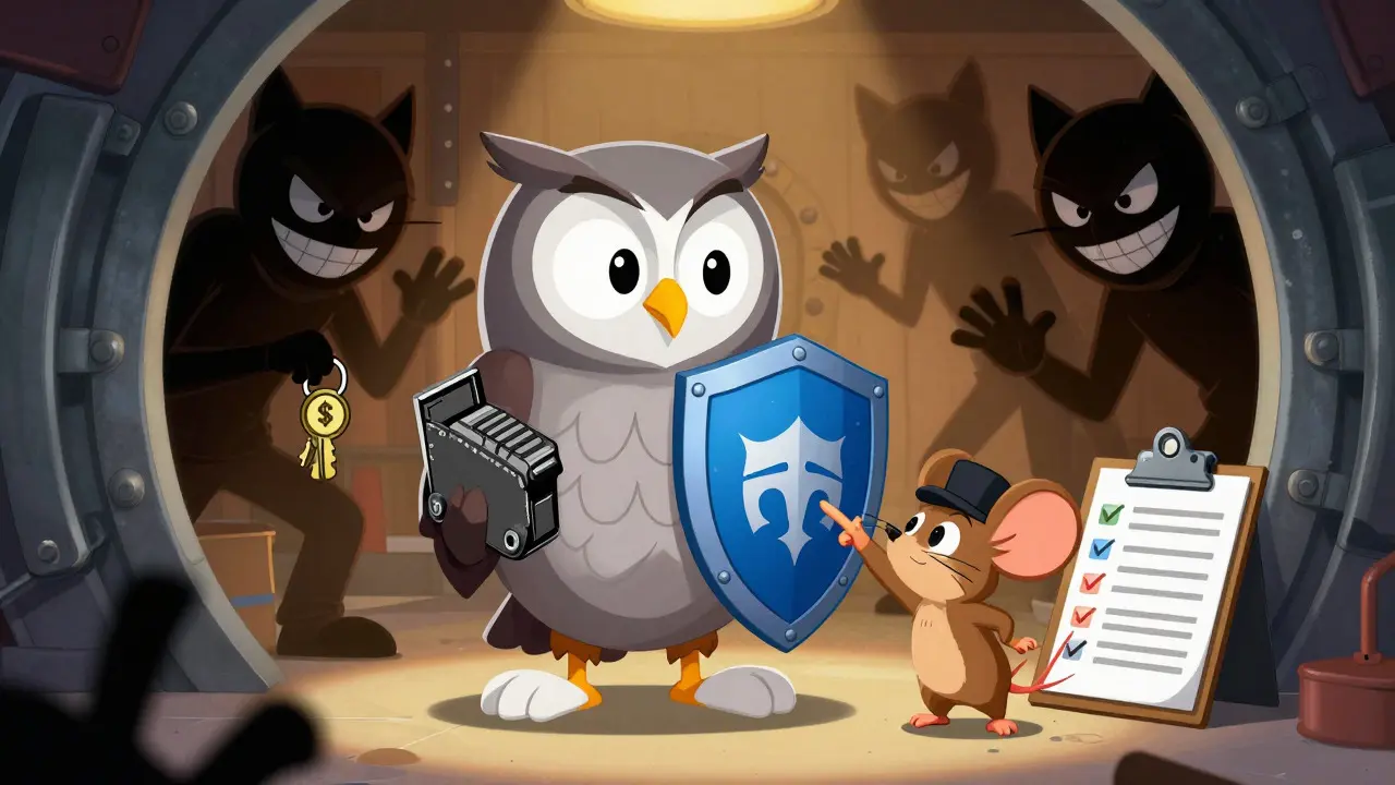 Owl protecting mouse from scamming foxes with a security shield
