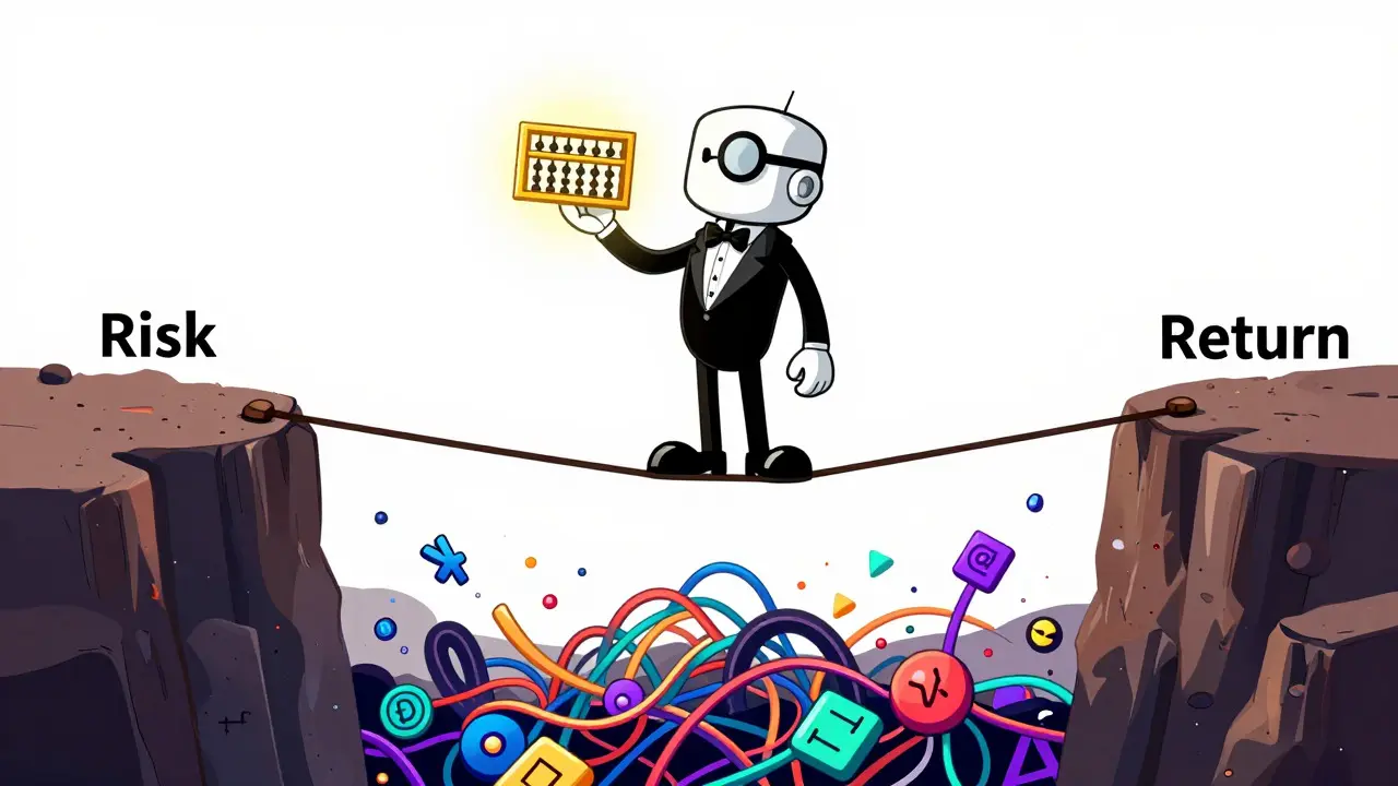 Robot balancing on a tightrope between risk and return in Looney Tunes style