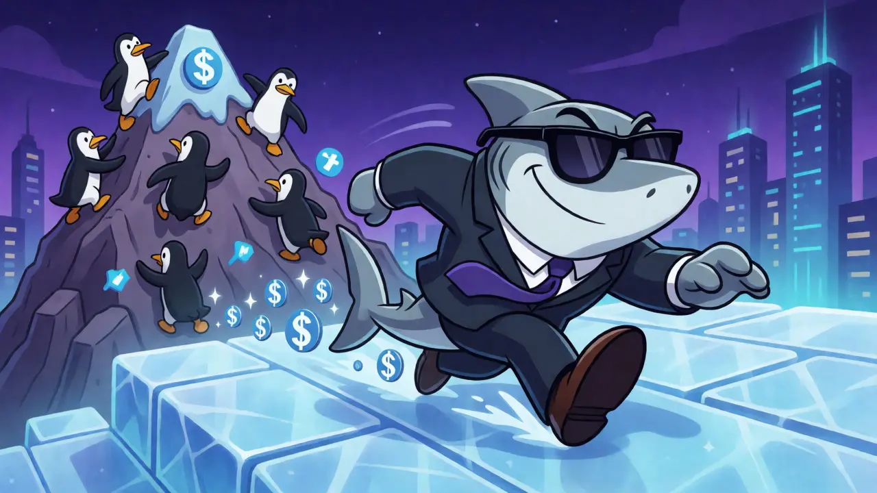 Shark mascot speeding past slow competitors on a smooth blockchain track