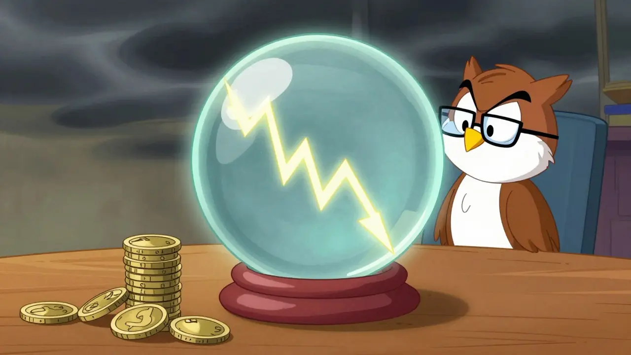 Skeptical owl looking into a crystal ball showing a jagged downward trend