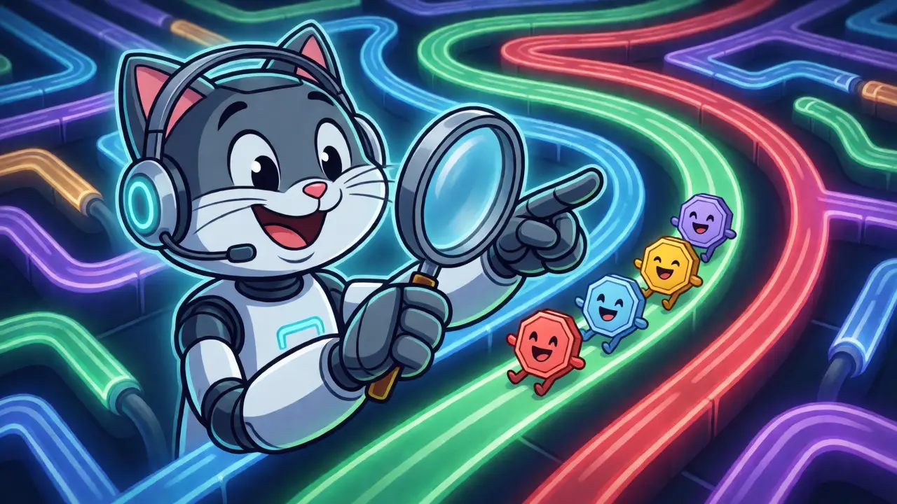 Smart router mascot finding the fastest path through a blockchain maze