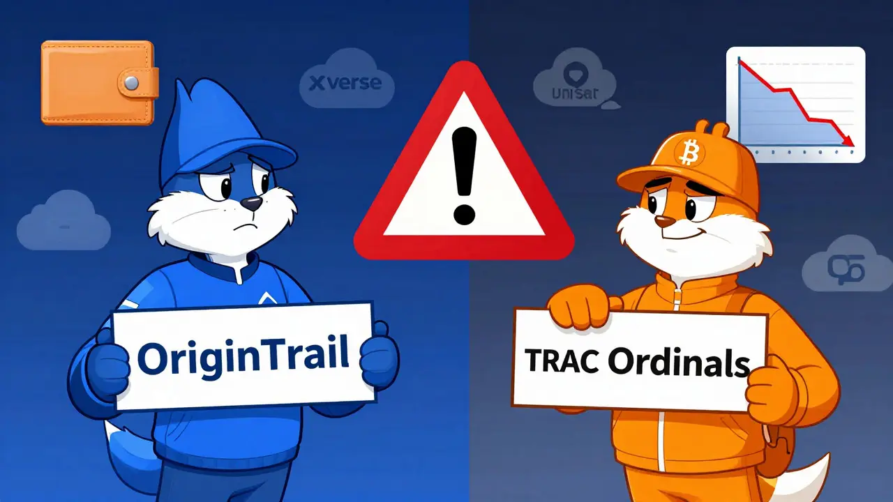 Split screen comparing OriginTrail and TRAC Ordinals with a warning sign about token confusion