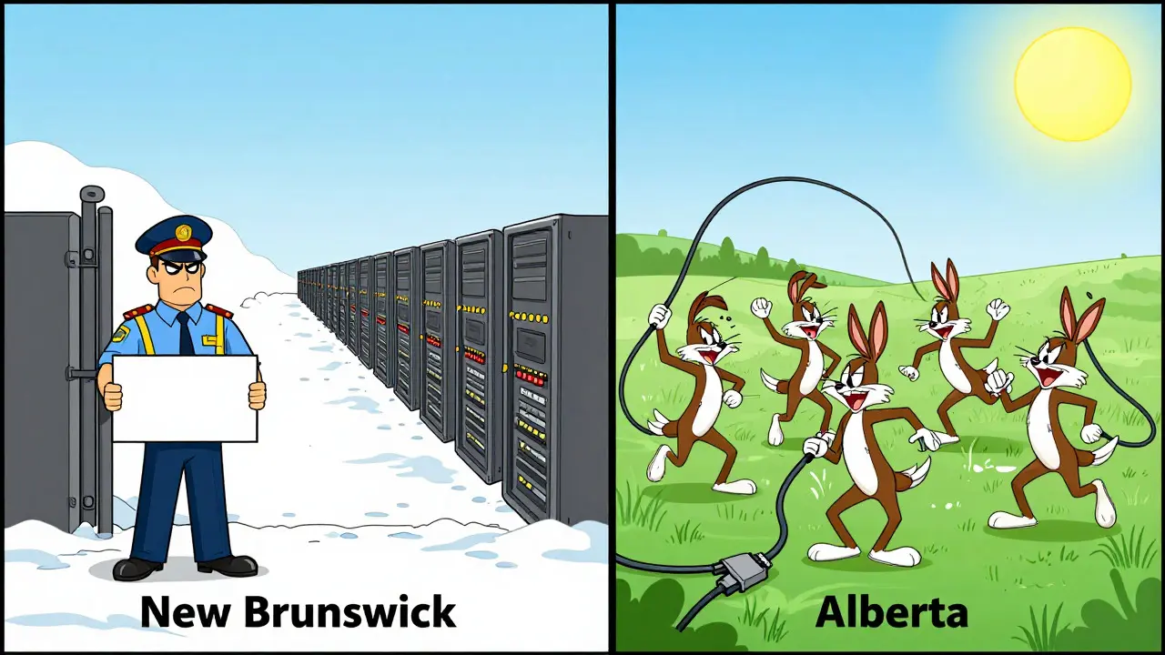 Split screen showing restricted mining in snowy NB versus happy dancing servers in sunny Alberta.