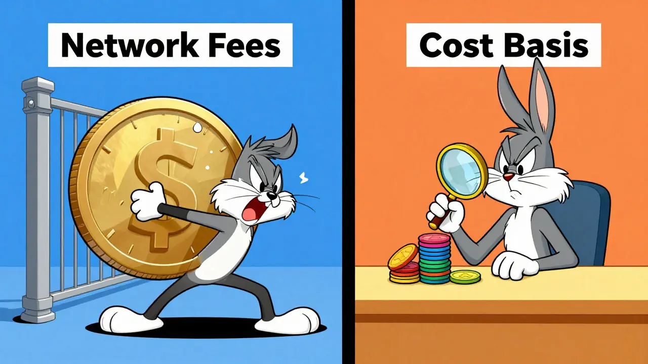 Split screen showing struggle with network fees vs calm cost basis analysis