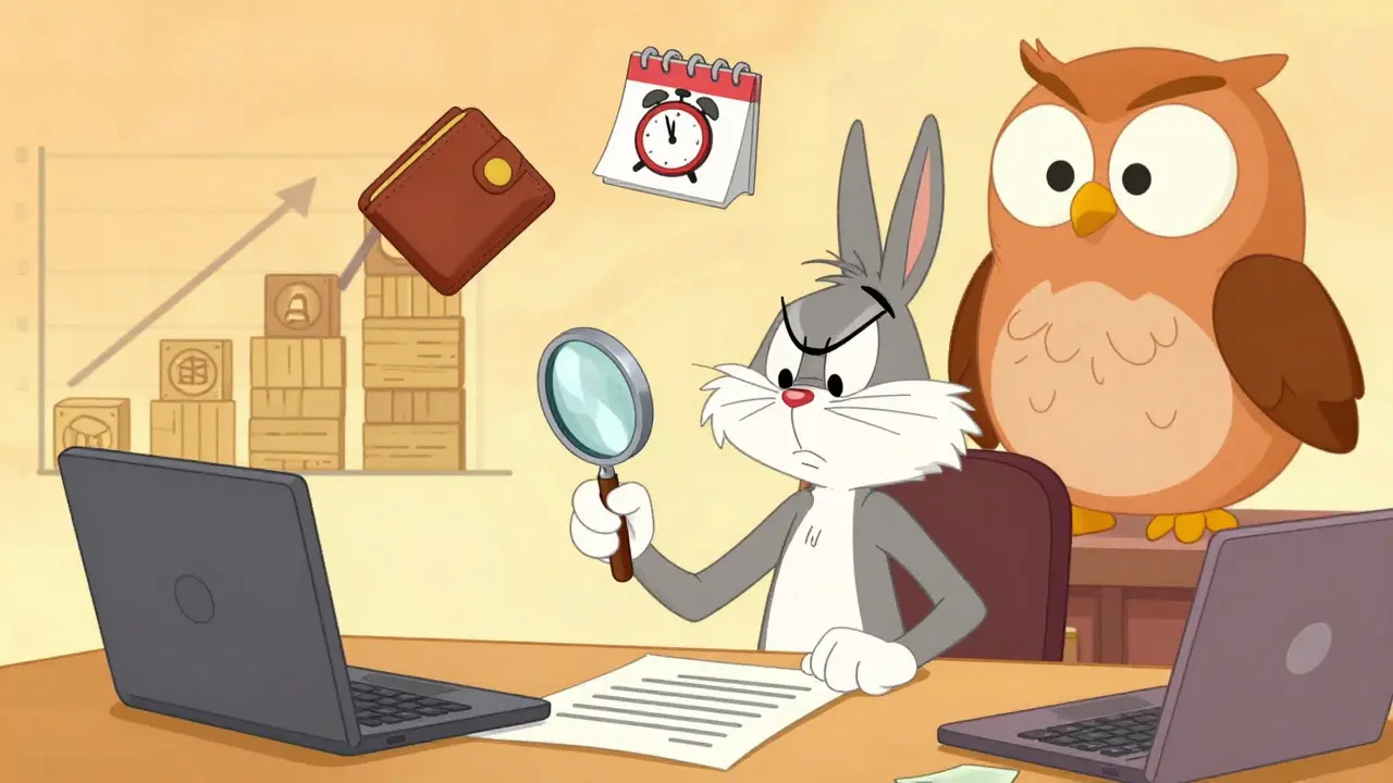 Stressed character juggling wallet and calendar while owl watches over
