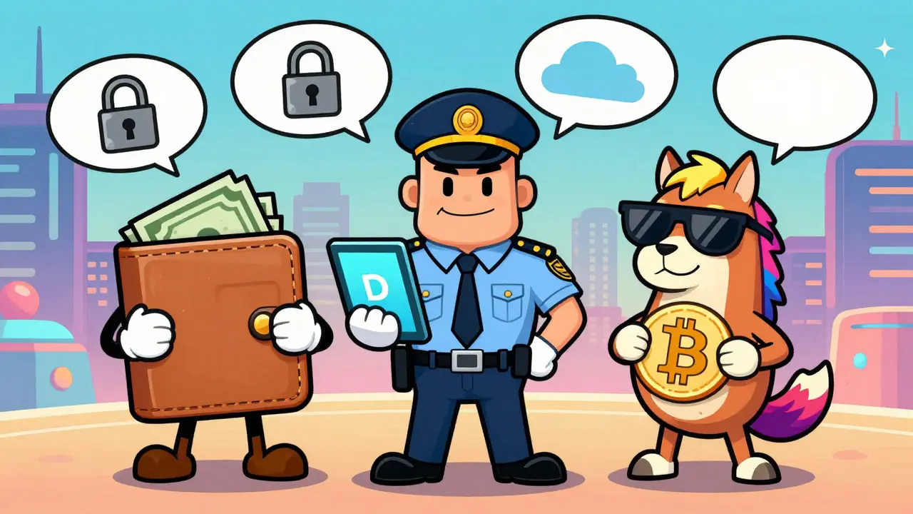 Three cartoon characters representing cash, CBDC, and crypto