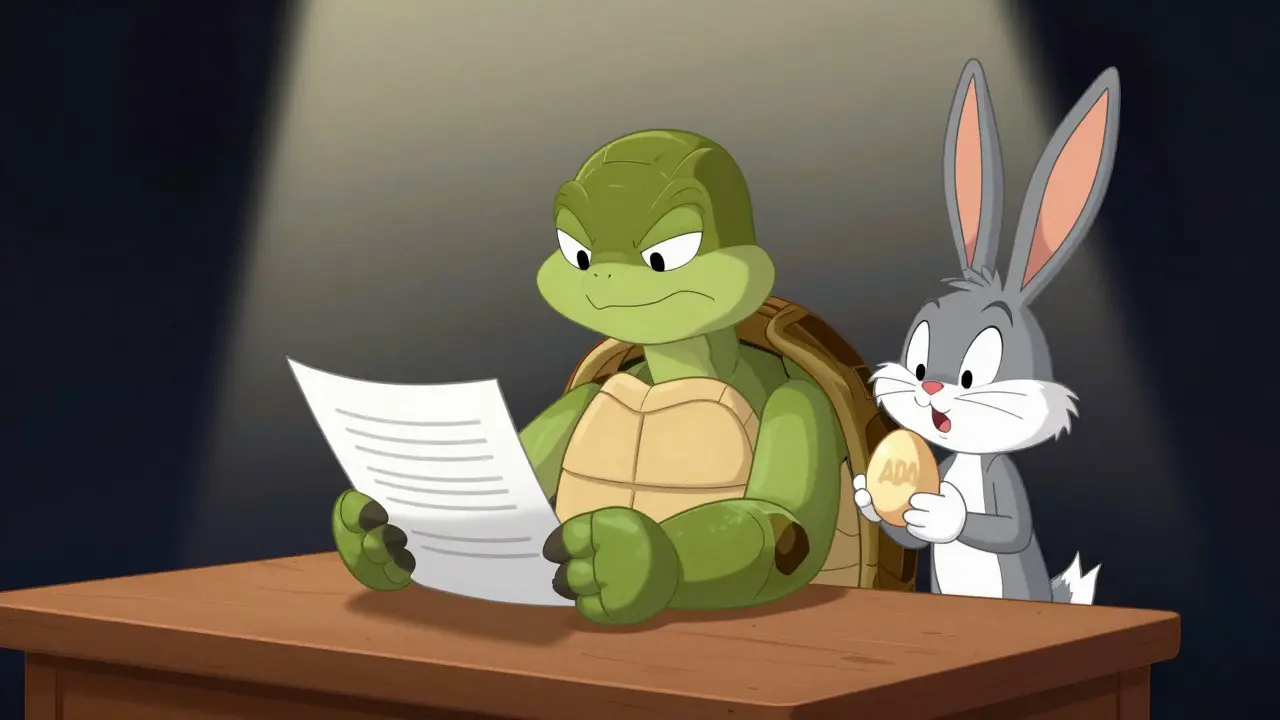 Turtle and rabbit discussing trading data in a cartoon