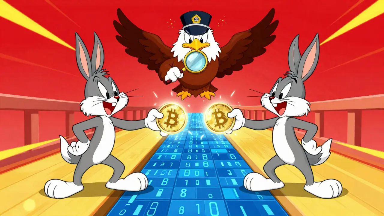 Two characters exchanging a coin under an eagle's watchful eye