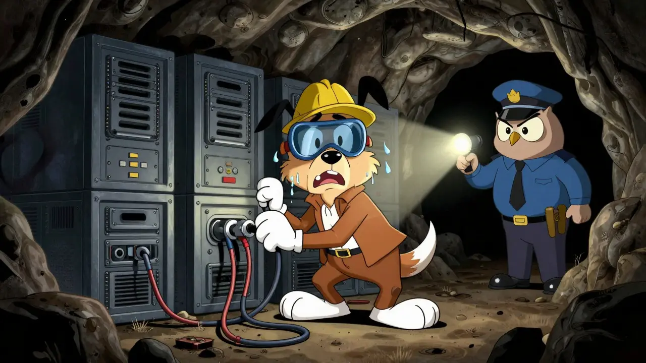 Underground crypto miner hiding from inspector in Looney Tunes style