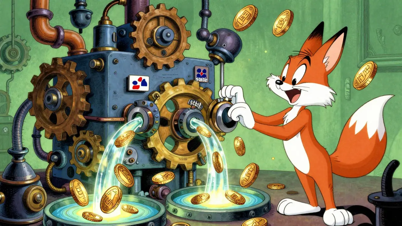 Whimsical machine with gears and coins representing DeFi liquidity pools