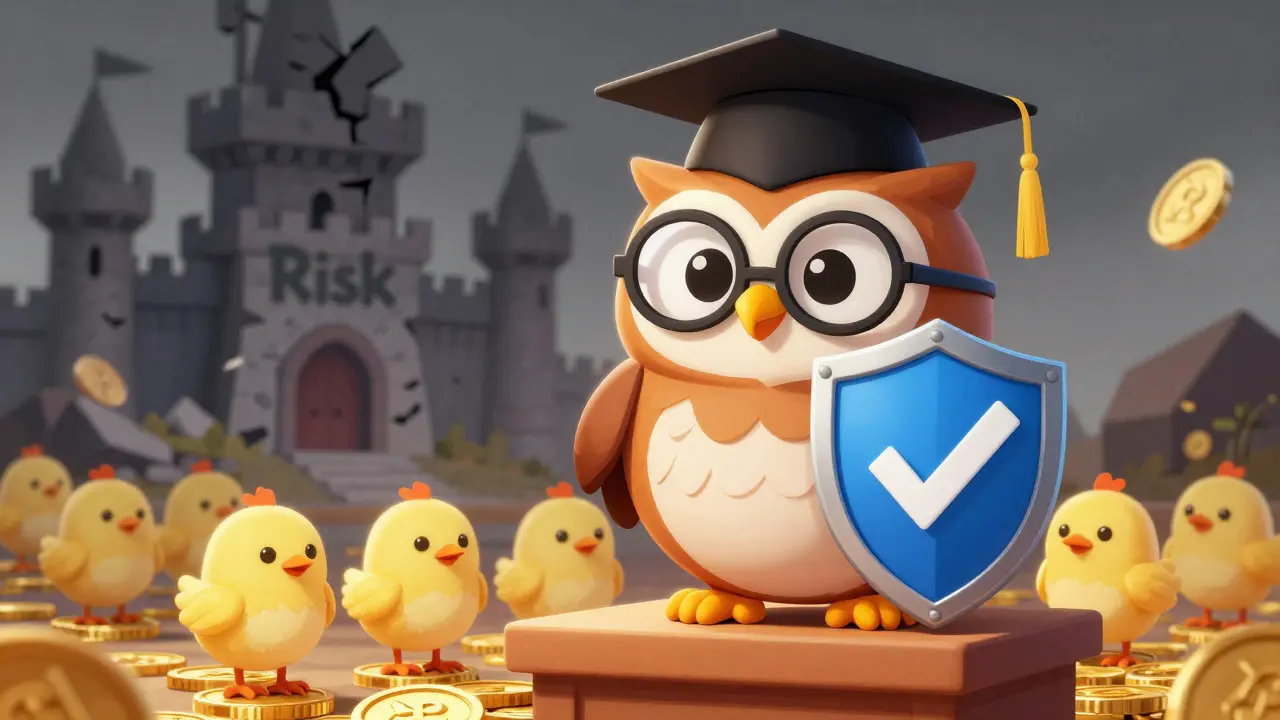 Wise owl protecting chicks with a shield against a crumbling castle