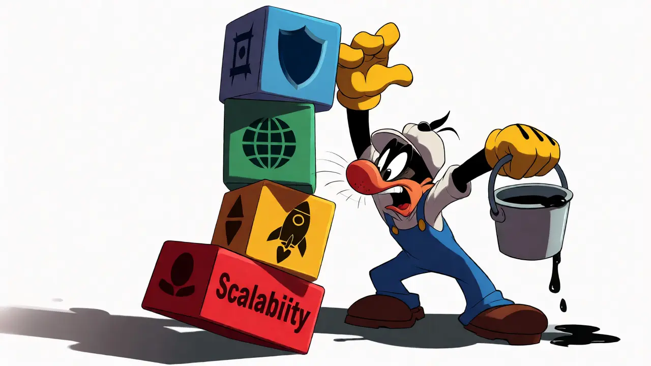 A cartoon engineer balancing a wobbling tower of security, decentralization, and scalability.