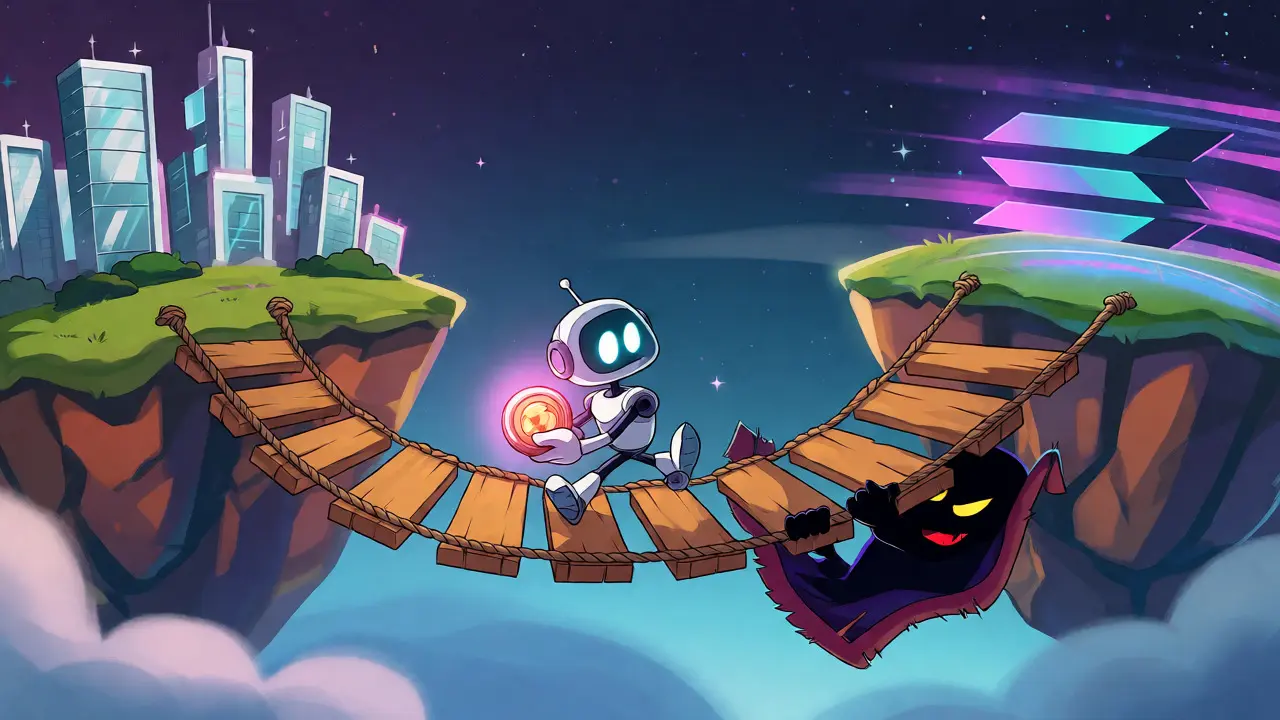 A robot crossing a shaky bridge between two blockchain islands while a hacker lurks nearby.