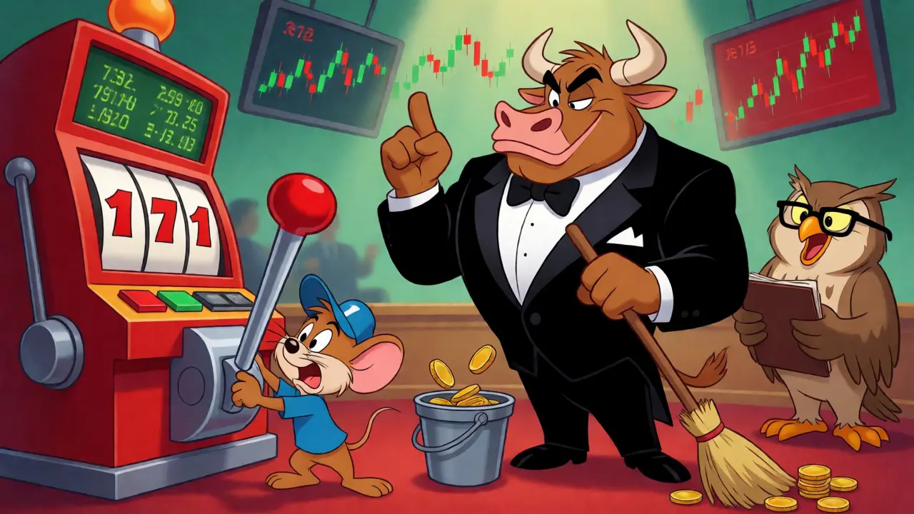 Animated trader and market maker facing a tax collector