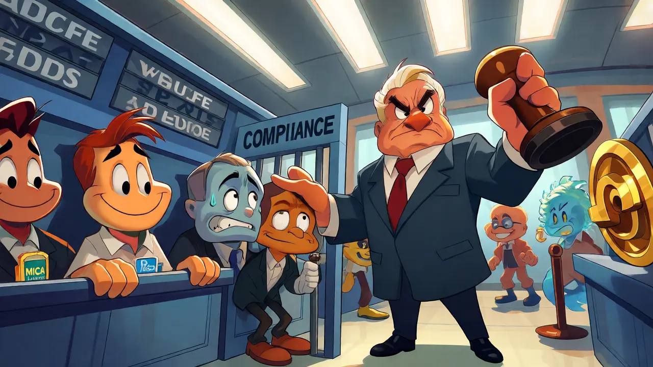 Bureaucrat checking licenses of nervous and confident crypto exchanges at a gate