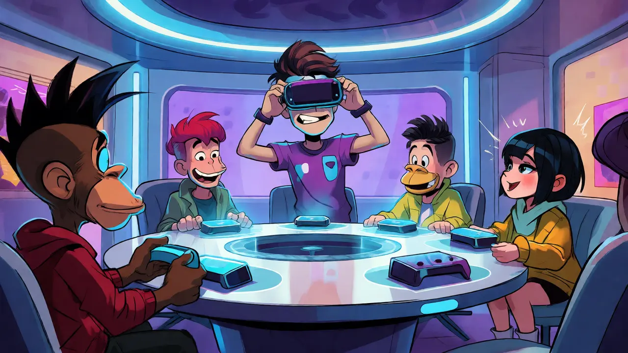 Cartoon avatars using VR headsets and voting in a futuristic virtual lounge.