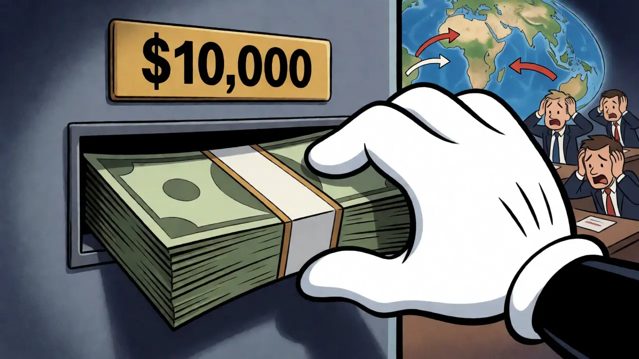 Cartoon cash struggling to pass through a strict ten-thousand-dollar transfer limit barrier.