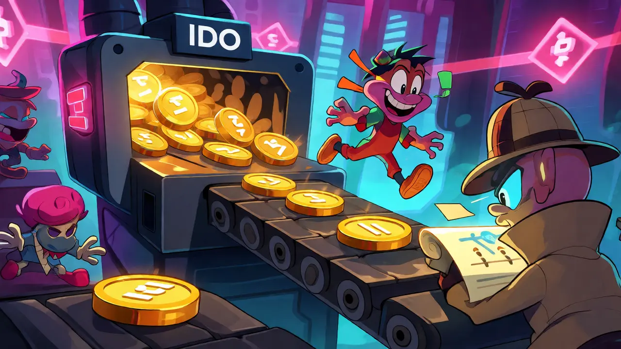 Cartoon illustration of IDO mechanics and token rewards flow