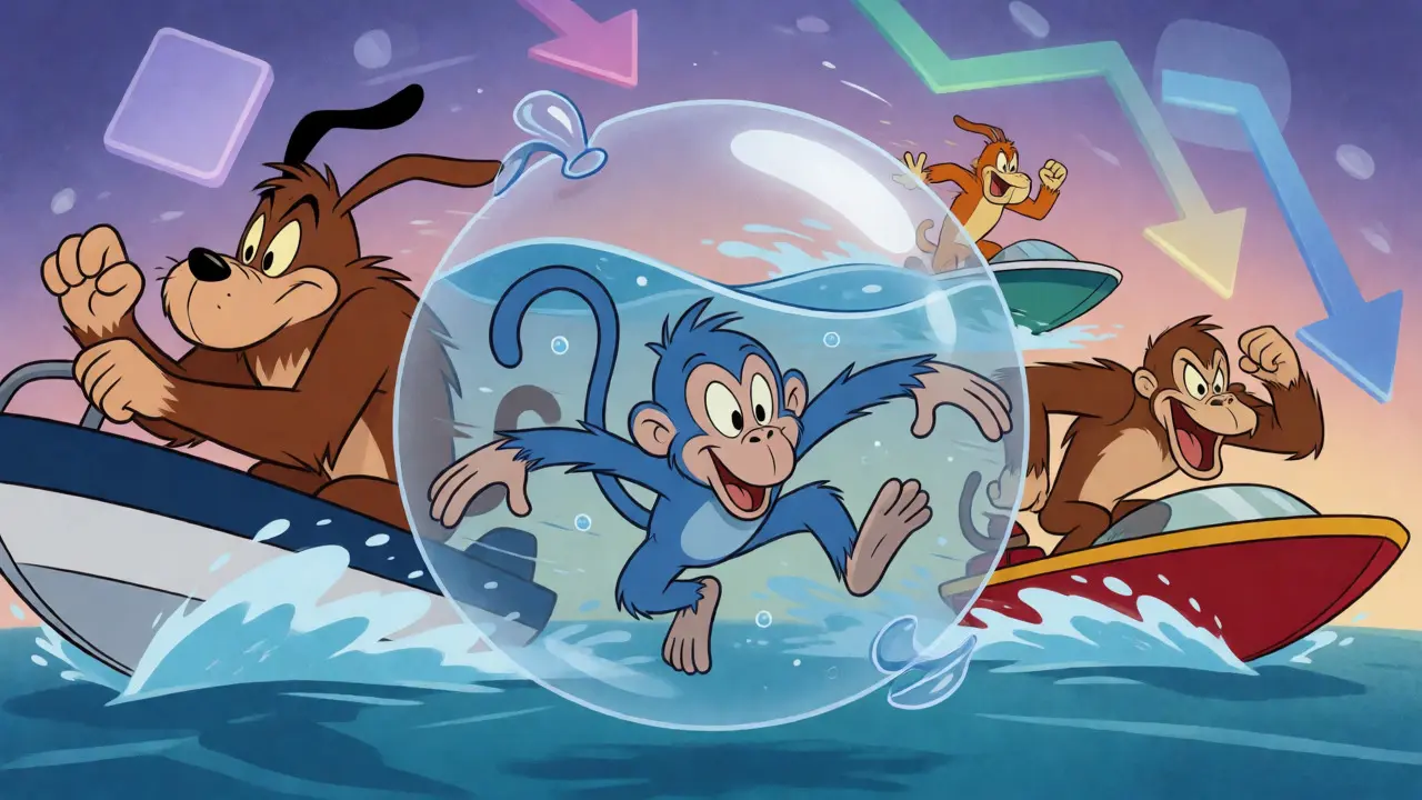 Cartoon monkey stuck in a deflating liquidity bubble
