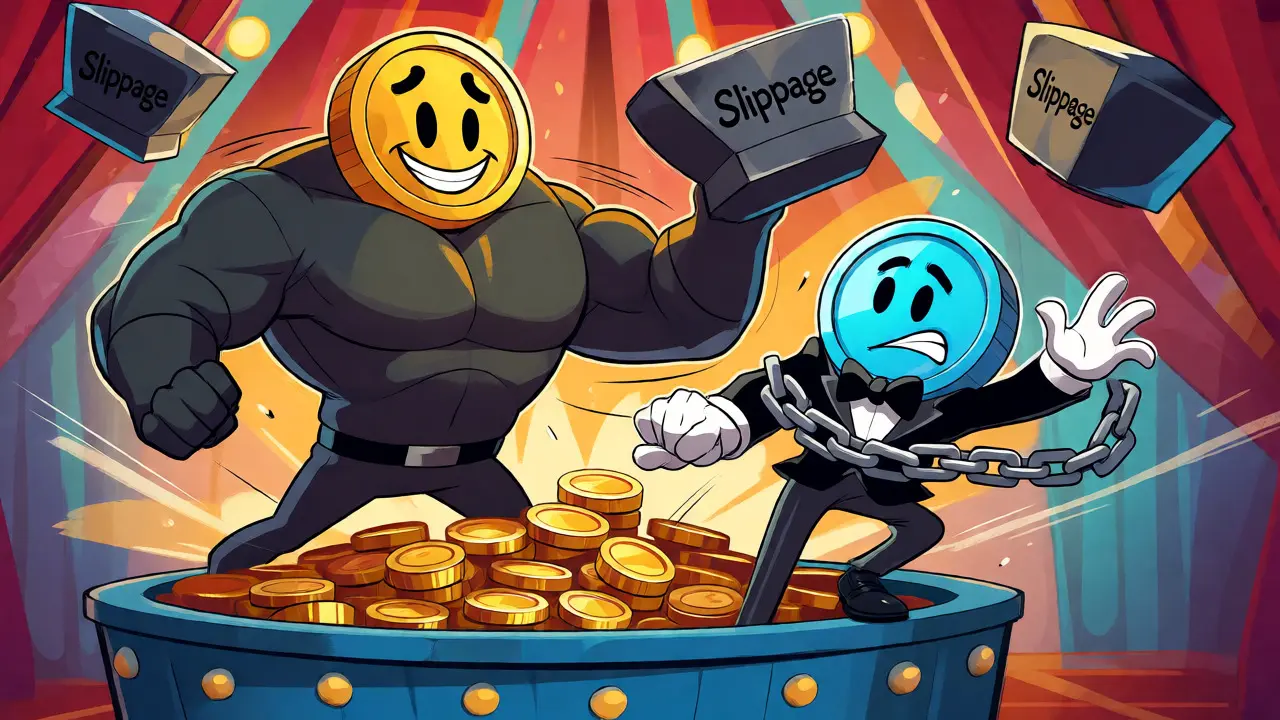 Cartoon tokens battling in a chaotic trading pit with slippage anvils falling.