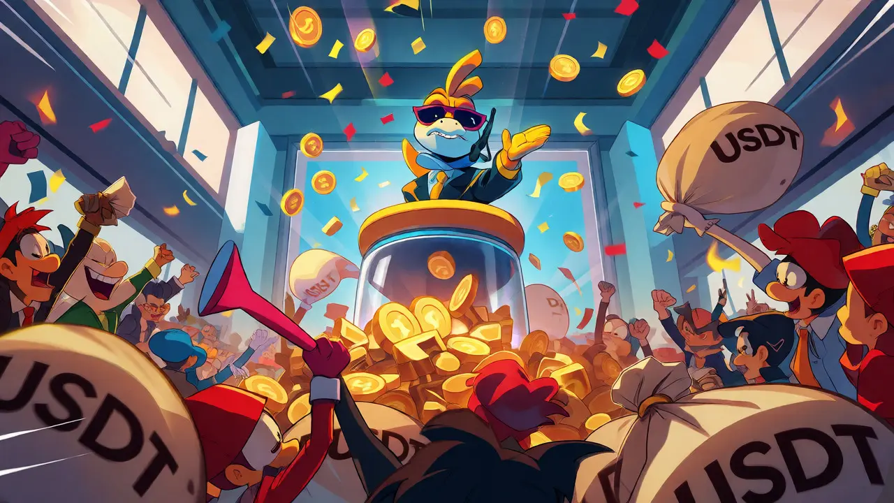 Chaotic cartoon crowd throwing USDT bags into a giant voting jar with dinosaur mascot.