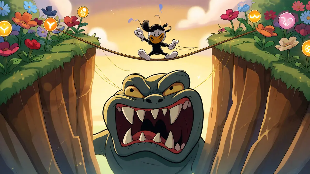 Character crosses a bridge over a fee monster to reach DeFi yields.