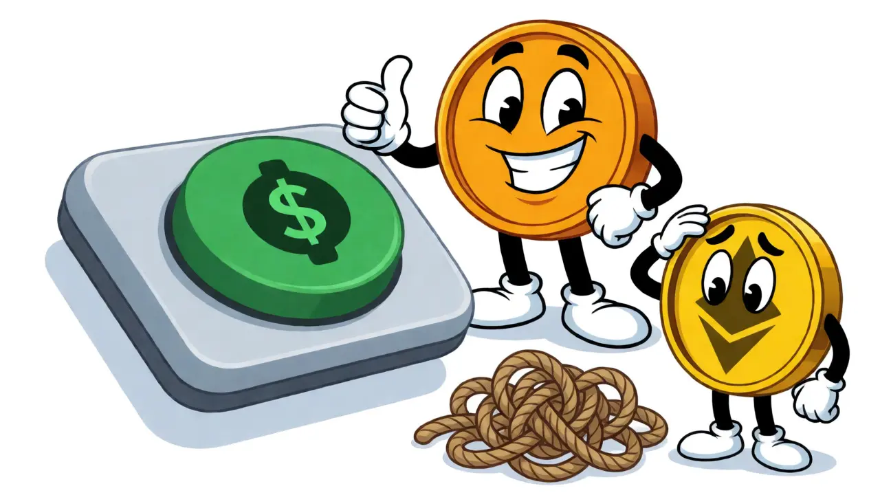 Cheerful Bitcoin mascot next to a simple trading interface versus tangled fees