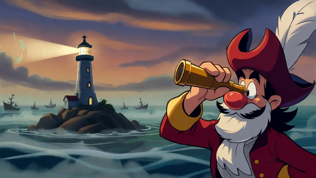Confused pirate captain observing a lonely lighthouse representing low liquidity.