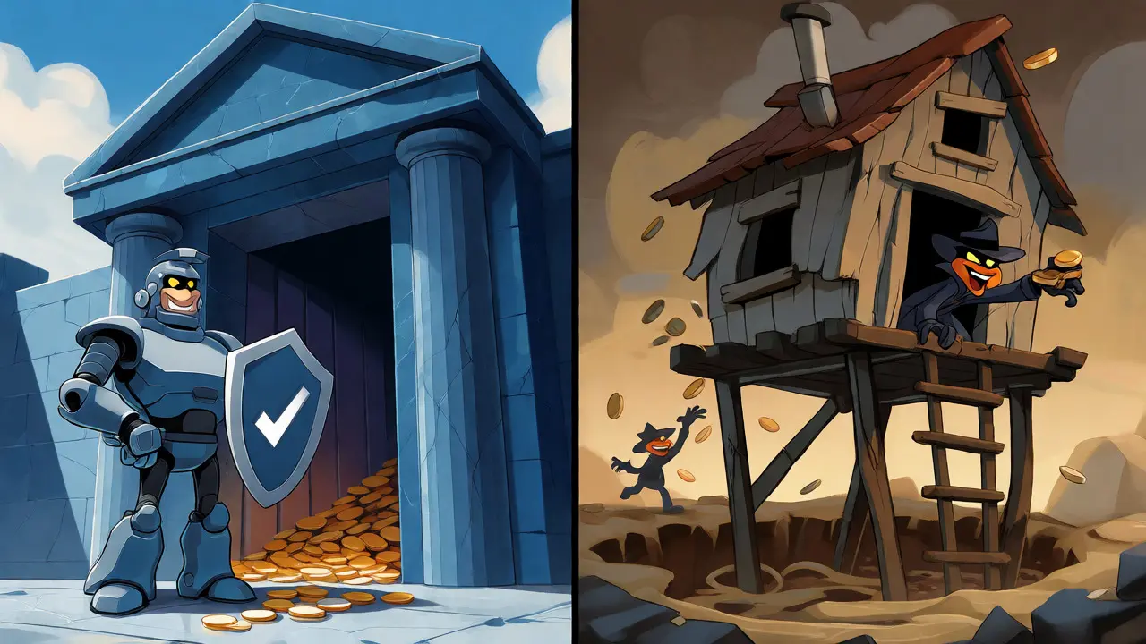 Contrast between a secure, fortified crypto bank and a shaky, collapsing scam shack being robbed.