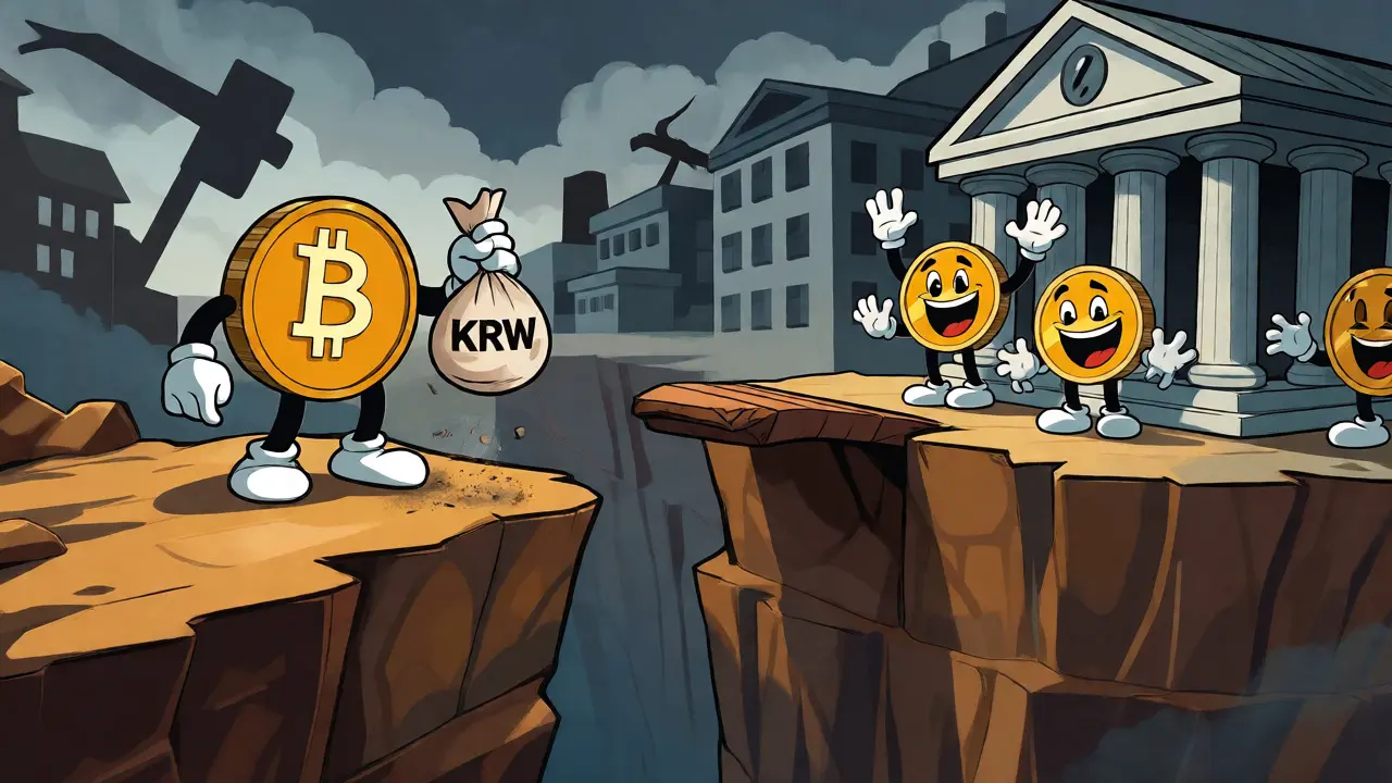 Crypto coin stranded on a broken bridge unable to reach fiat banks.