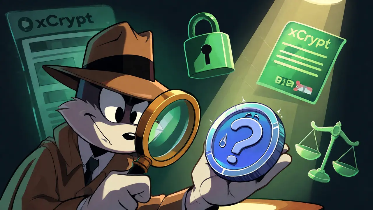 Detective inspecting a suspicious crypto coin with safety icons and a ghostly scam site background.
