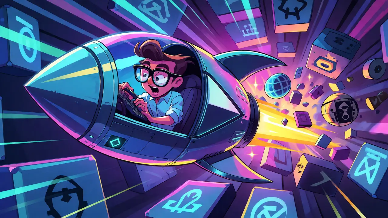 Ethereum rocket collecting utility icons while breaking bank barriers.