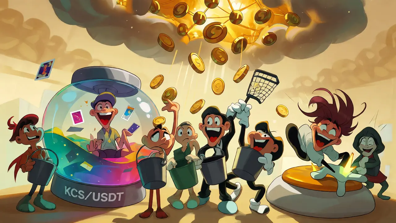 Exaggerated characters catching falling tokens while one sits in a liquidity pool tank.