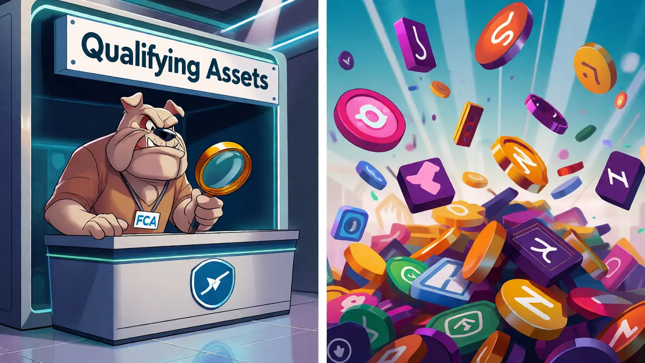 FCA inspector examining crypto assets while NFTs float freely in a DeFi zone.