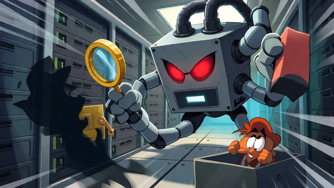 HSM robot catching a thief with an eraser while a wallet watches.