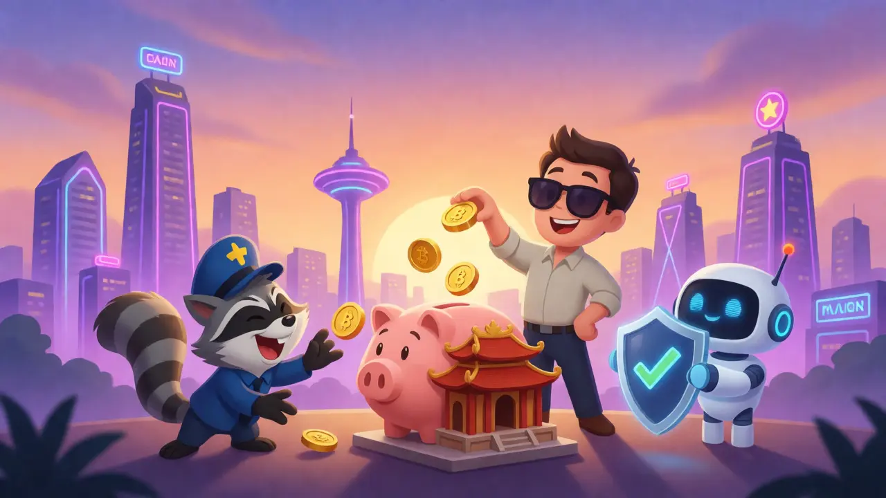 Investor saving crypto in a temple-shaped piggy bank