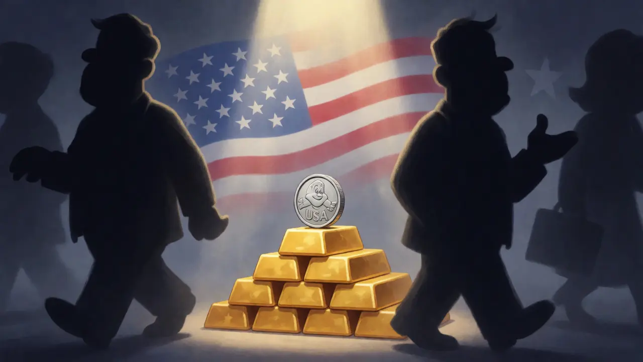 Isolated USA coin under spotlight with distant institutional shadows
