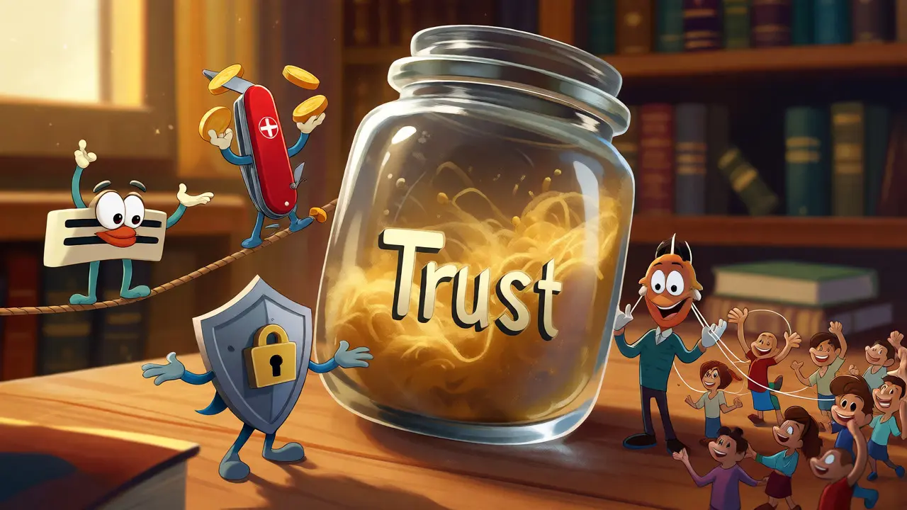Jar of trust surrounded by personified scarcity, utility, security, and network effects.