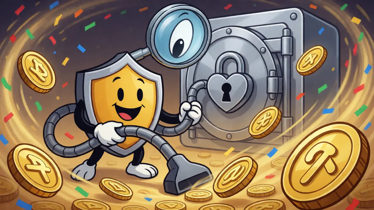 Mascot vacuuming coins into secure vault with audit eye