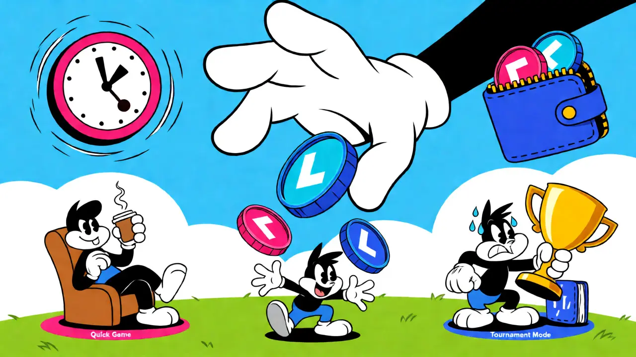 Overwhelmed player buried under falling LITT tokens next to a spinning clock and wallet.
