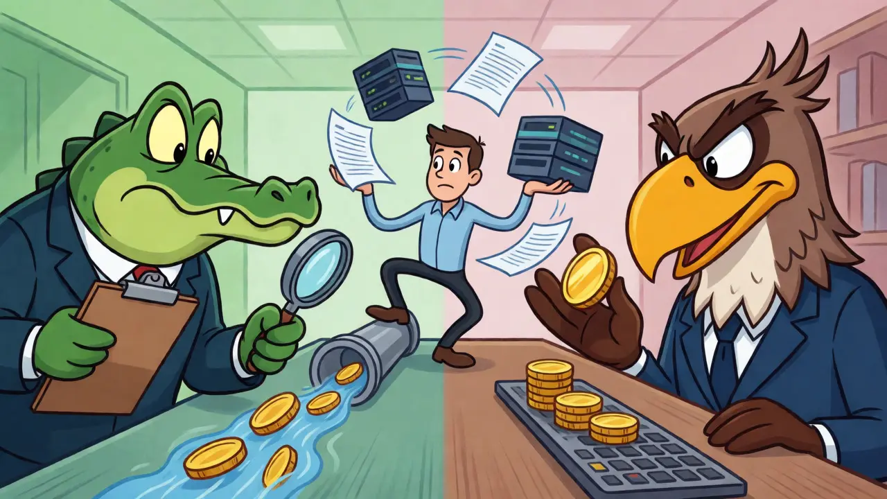 Personified Central Bank and CVM regulators inspecting crypto exchanges in a split-screen cartoon.