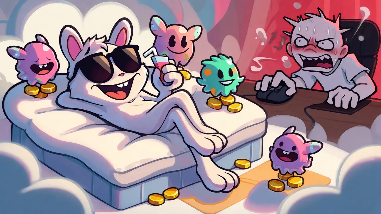 Relaxed cartoon character idling while monsters earn coins, contrasting with a stressed gamer.