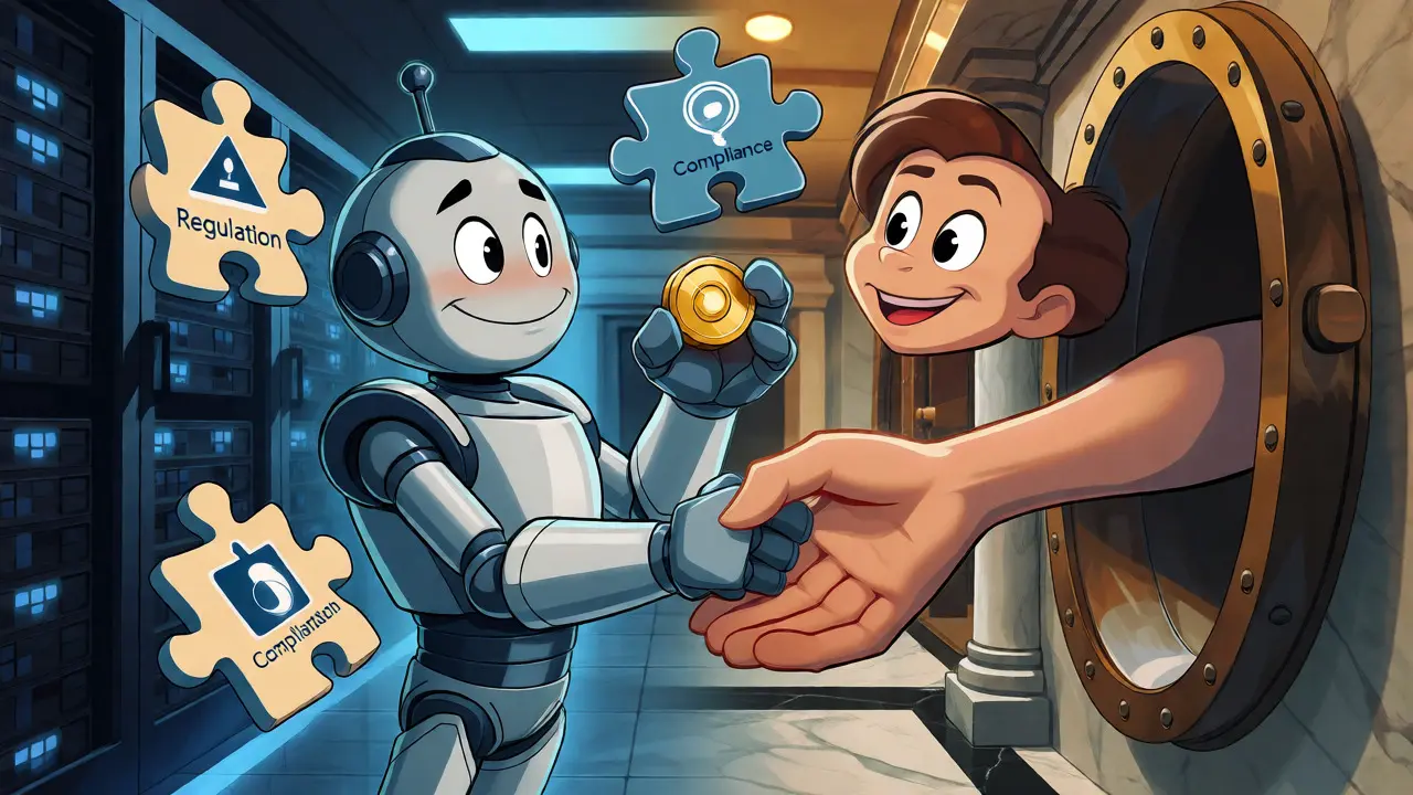 Robot and human shaking hands amid puzzle pieces, symbolizing hybrid banking and regulation.