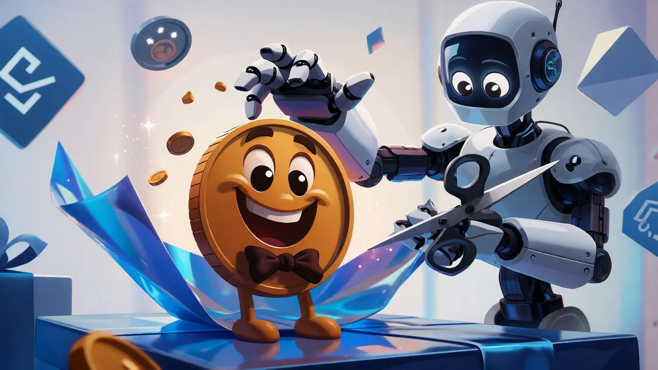 Robot wraps a coin character in gift paper to create WLUNC.