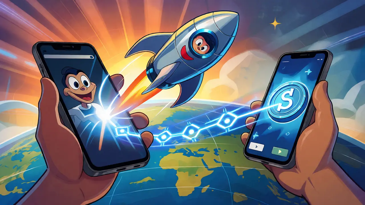 Rocket-shaped coin flying instantly between phones across a globe, showing fast crypto transfers.