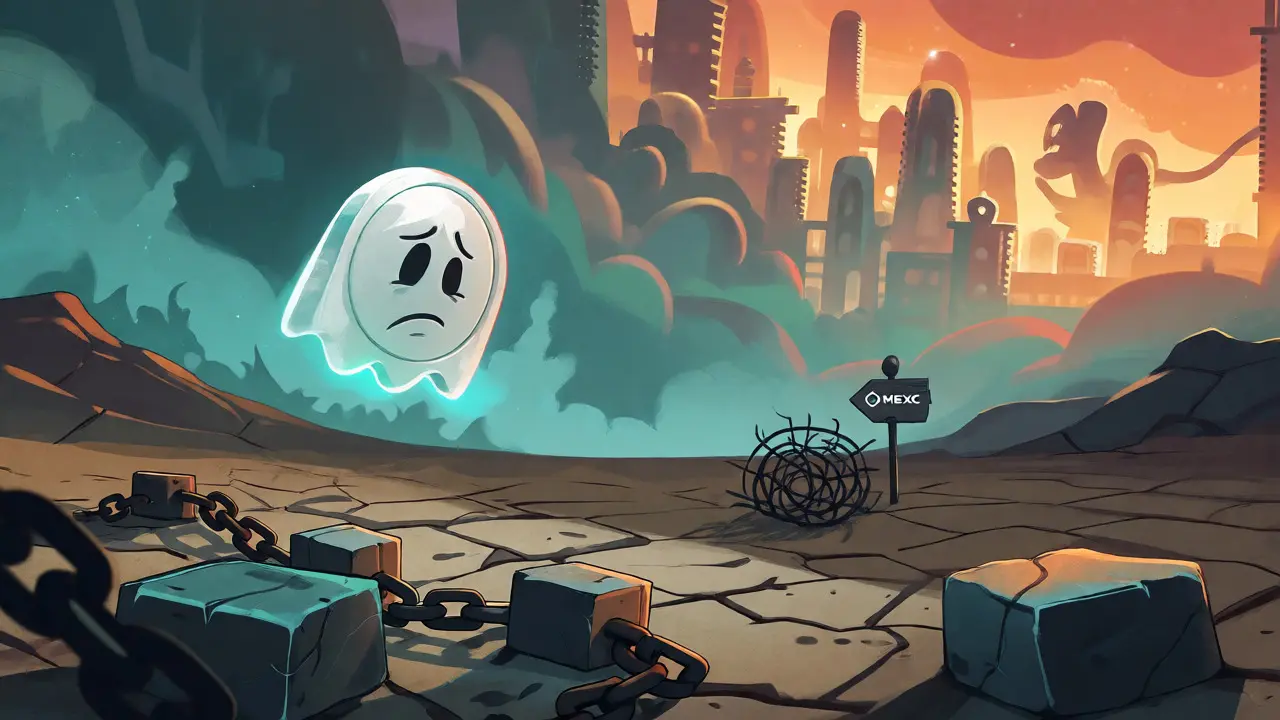 Sad ghost token floating over barren desert with distant metaverse mirage and locked chains.