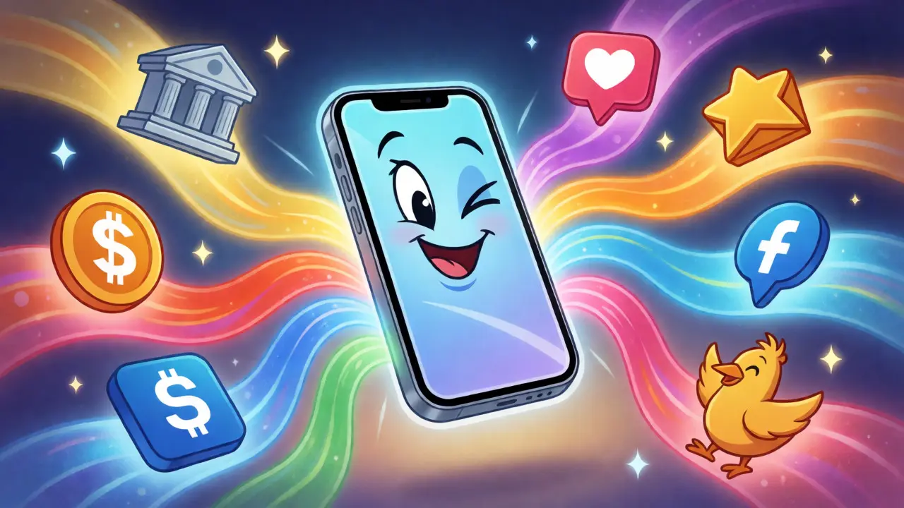 Smartphone connecting to various apps via glowing secure links.