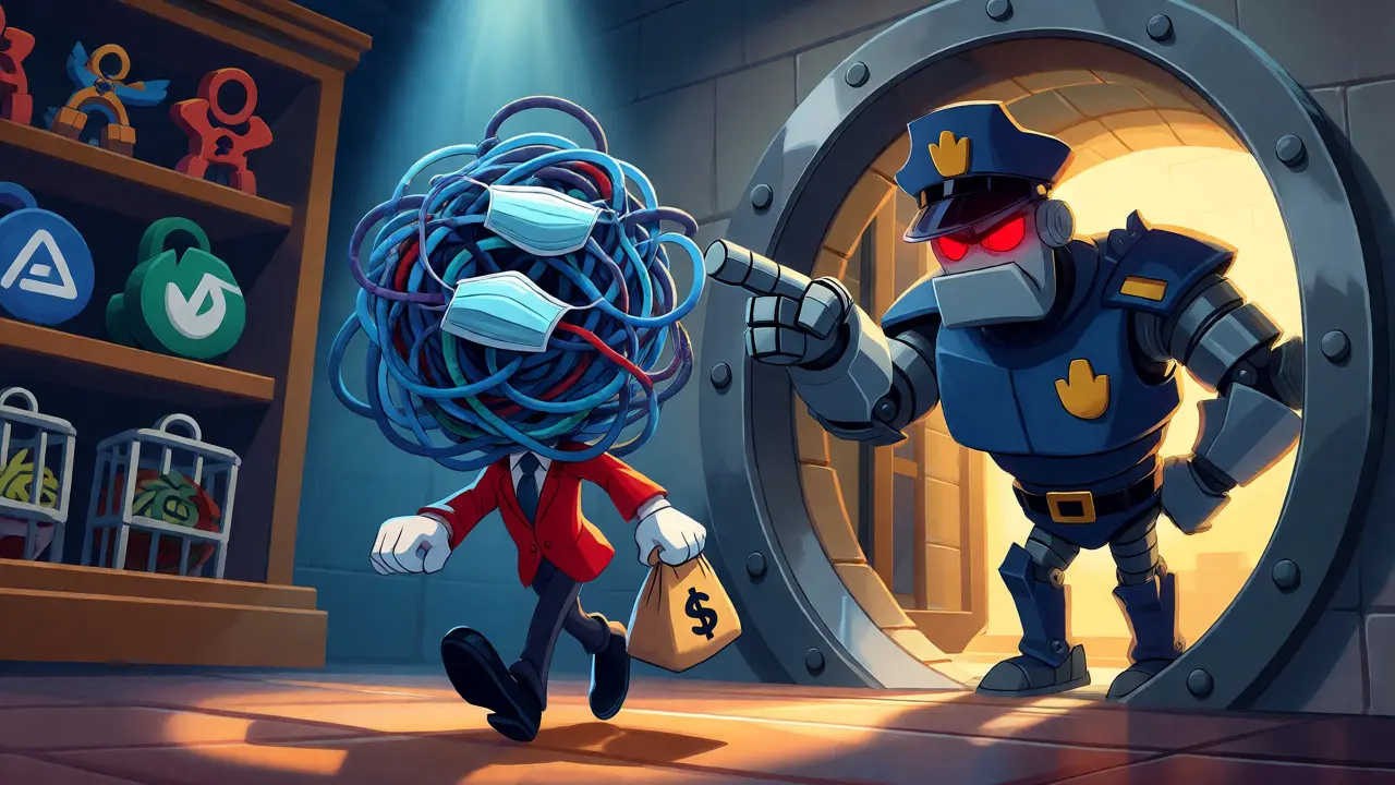 Sneaky trader using VPN wires evades robotic bank guard near locked crypto cages.