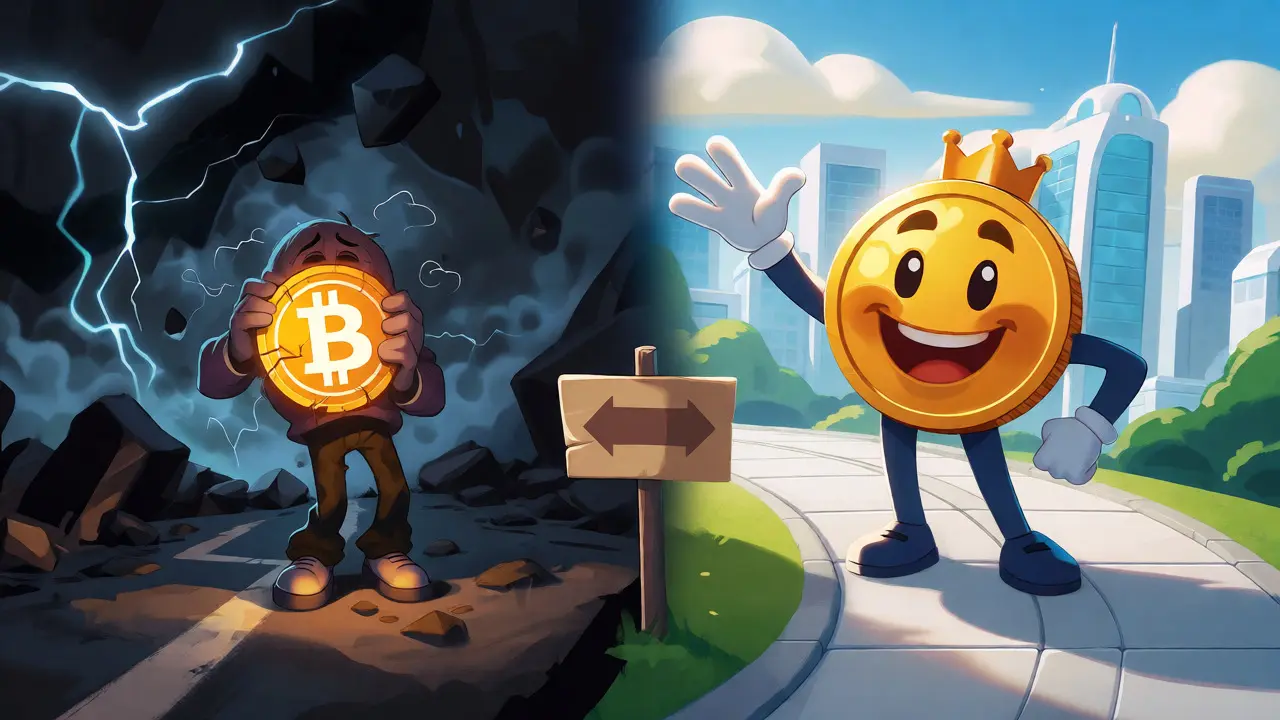 Split view: Shivering Bitcoin holder vs happy Digital Yuan guide in cartoon landscape.